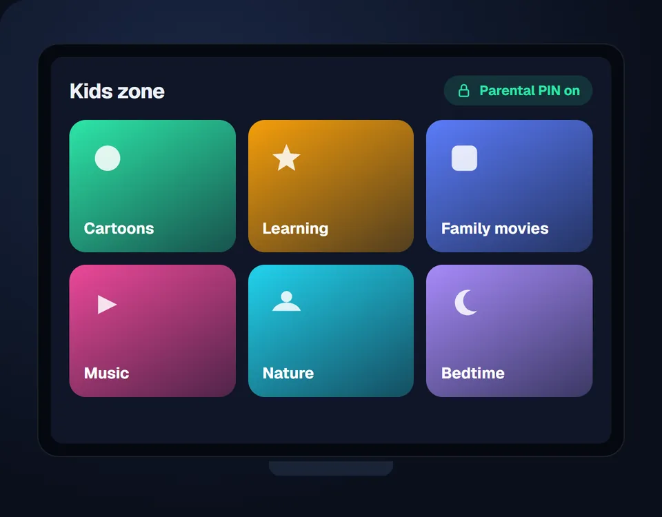 IPTV Canada for kids: a kids zone with cartoons, learning and family movies, locked with a parental PIN
